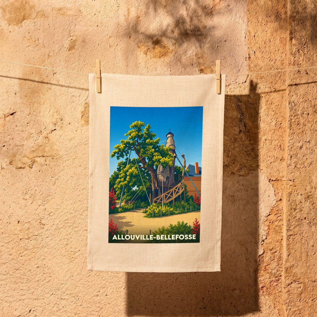 Torchon souvenir de la ville d'Allouville-Bellefosse illustrant son célèbre chêne-chapelle dans un style rétro.