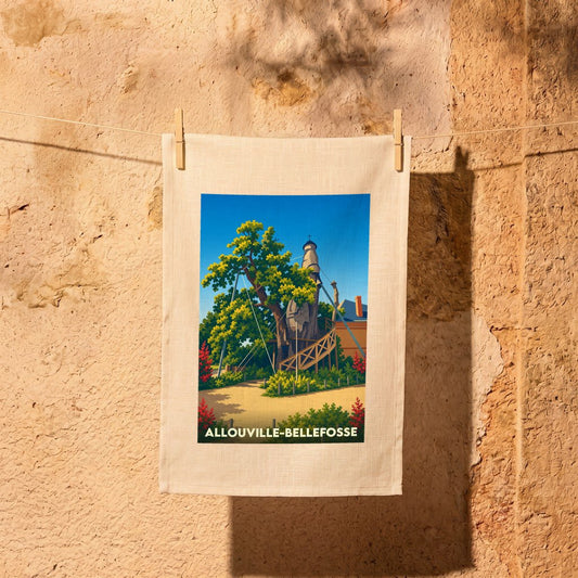 Torchon souvenir de la ville d'Allouville-Bellefosse illustrant son célèbre chêne-chapelle dans un style rétro.