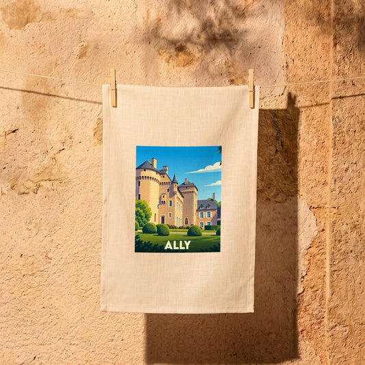 Torchon souvenir de la ville de Ally avec une illustration stylisée de son château.