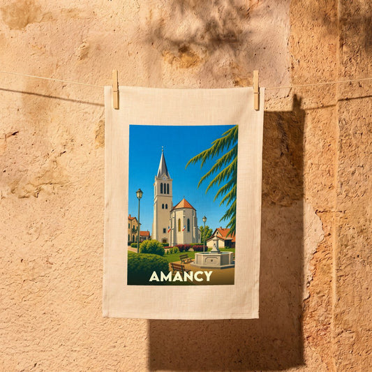 Torchon souvenir de la ville de Amancy illustré par une scène de village pittoresque.