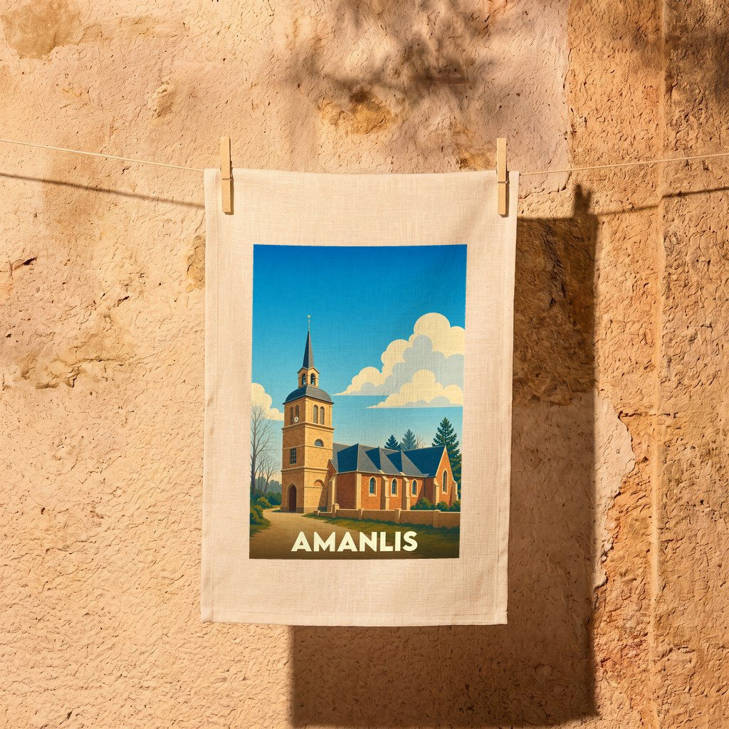 Torchon souvenir de la ville d'Amanlis illustré d'un dessin stylisé de son église.