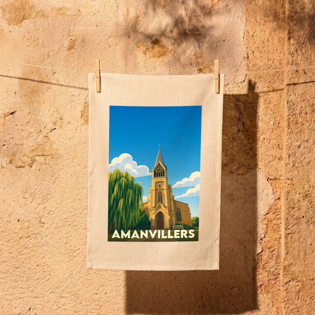 Torchon souvenir de la ville d'Amanvillers illustré d'une église et d'un saule pleureur dans un style affiche rétro.