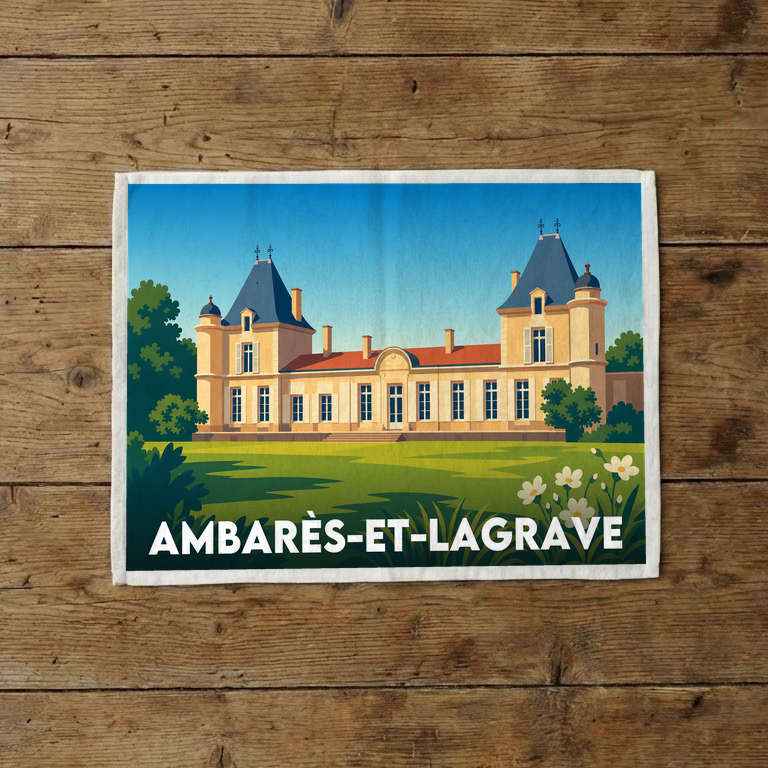 Torchon souvenir de la ville de Ambarès-et-Lagrave avec une illustration stylisée.