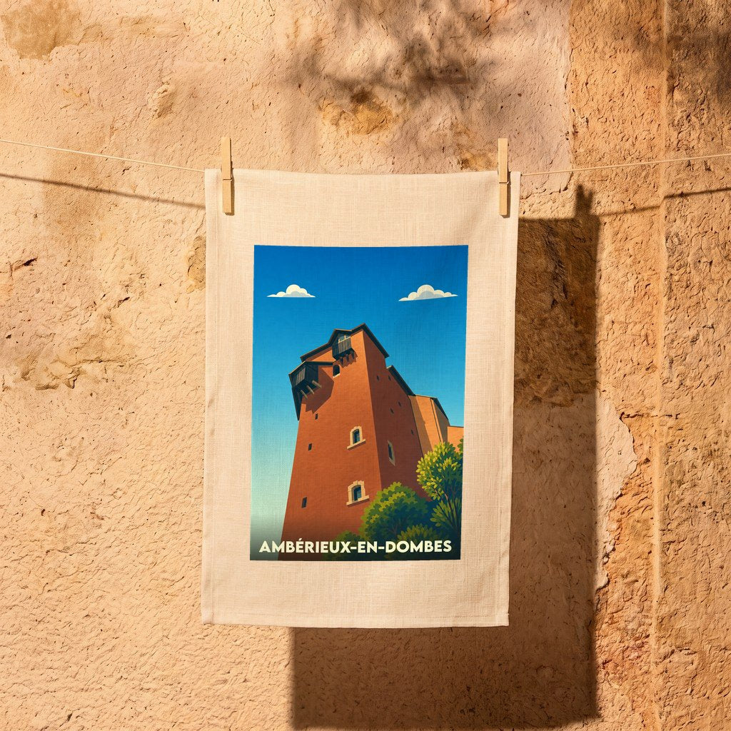 Torchon souvenir de la ville d'Ambérieux-en-Dombes avec une illustration stylisée de son château.
