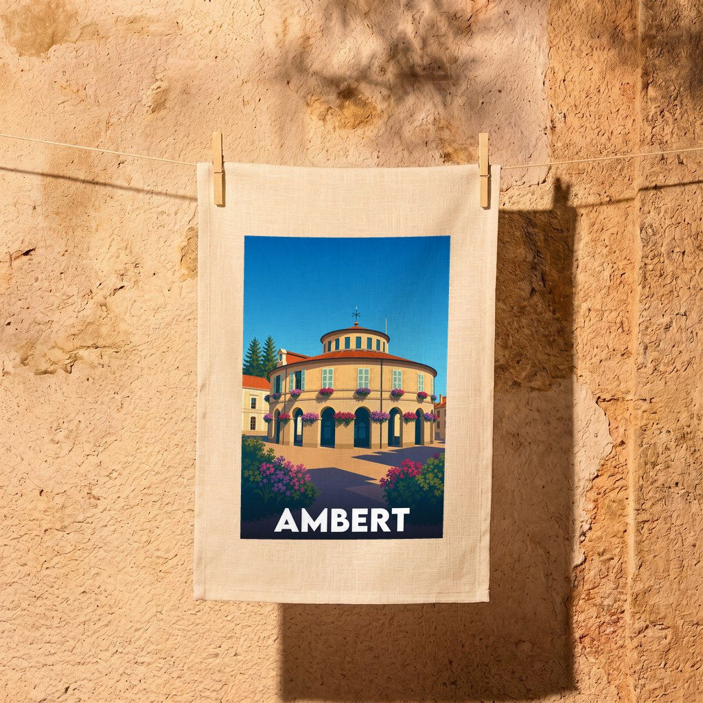 Torchon souvenir de la ville d'Ambert orné d'une illustration stylisée de sa mairie ronde.