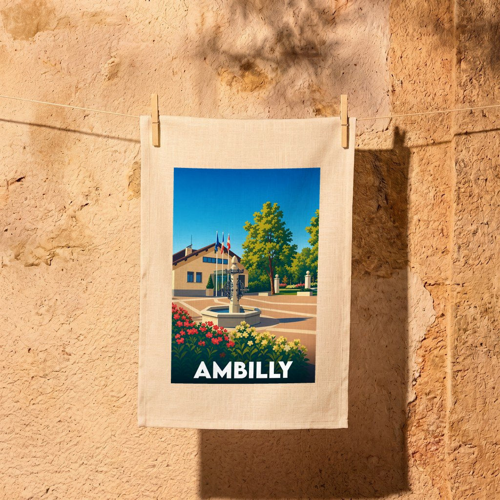 Torchon souvenir de la ville d'Ambilly avec une illustration stylisée d'une place ensoleillée et de son hôtel de ville.