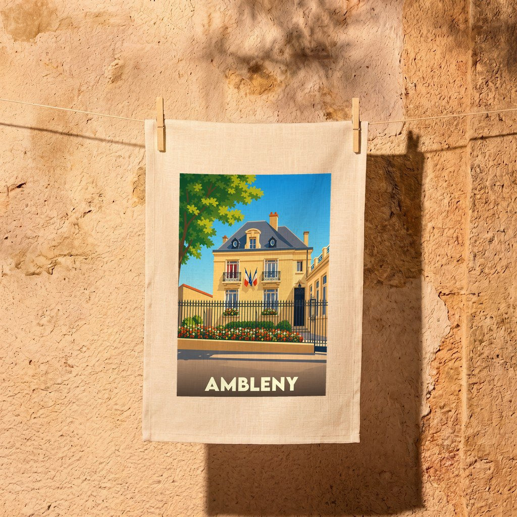 Torchon souvenir de la ville d'Ambleny avec une illustration colorée et stylisée de sa mairie.