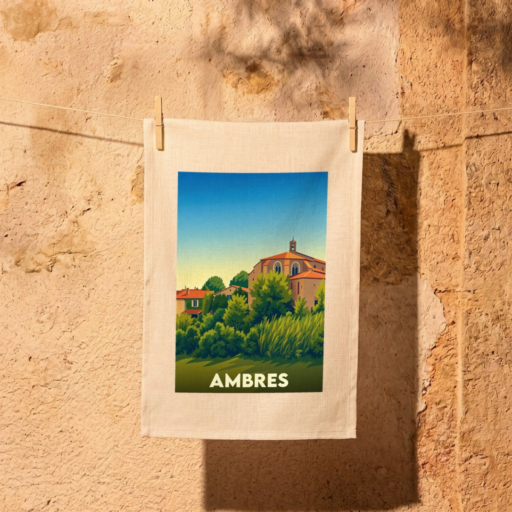 Torchon souvenir de la ville d'Ambres avec une illustration stylisée de son église et de sa végétation.