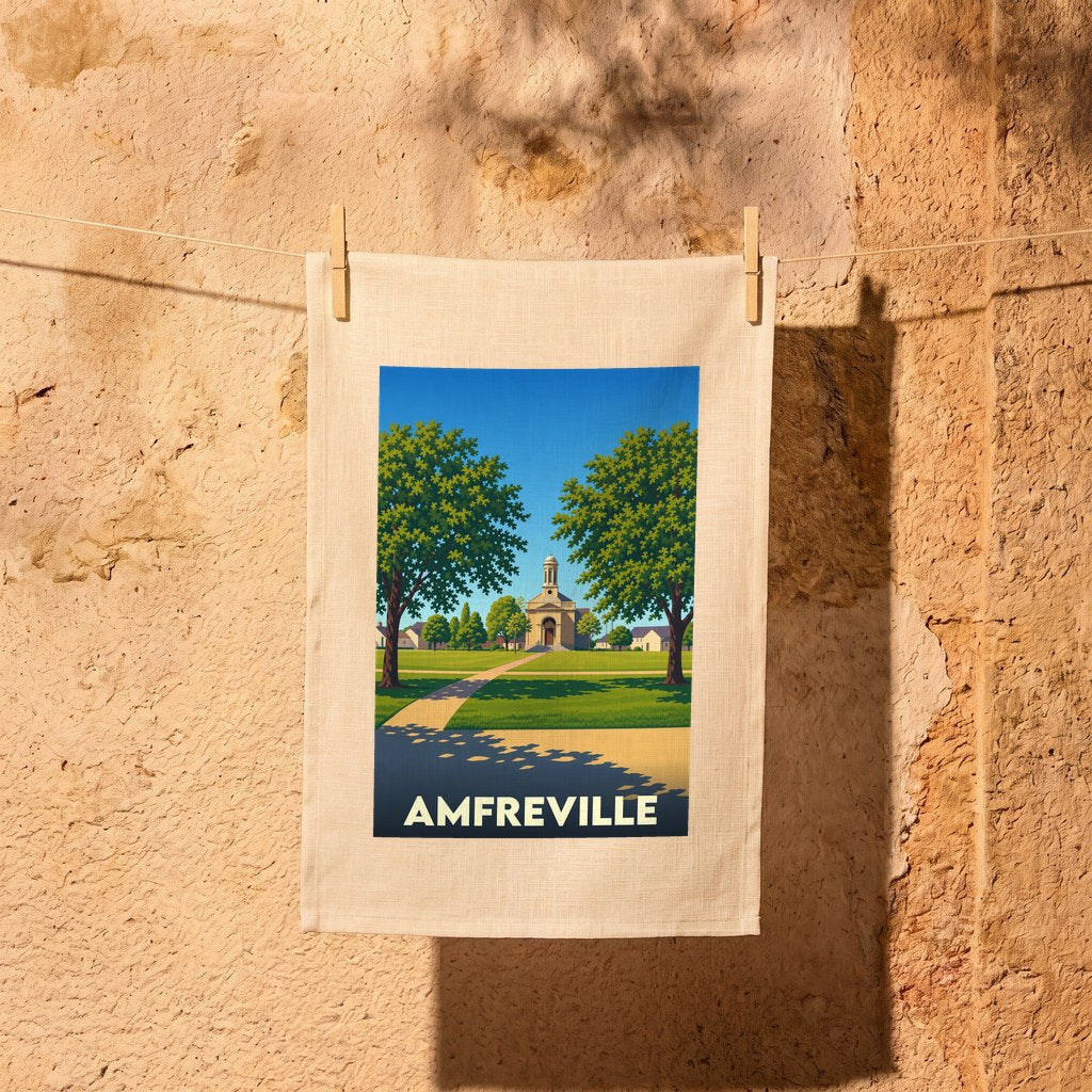 Torchon souvenir de la ville d'Amfreville orné d'une illustration stylisée de son église et de son parc.