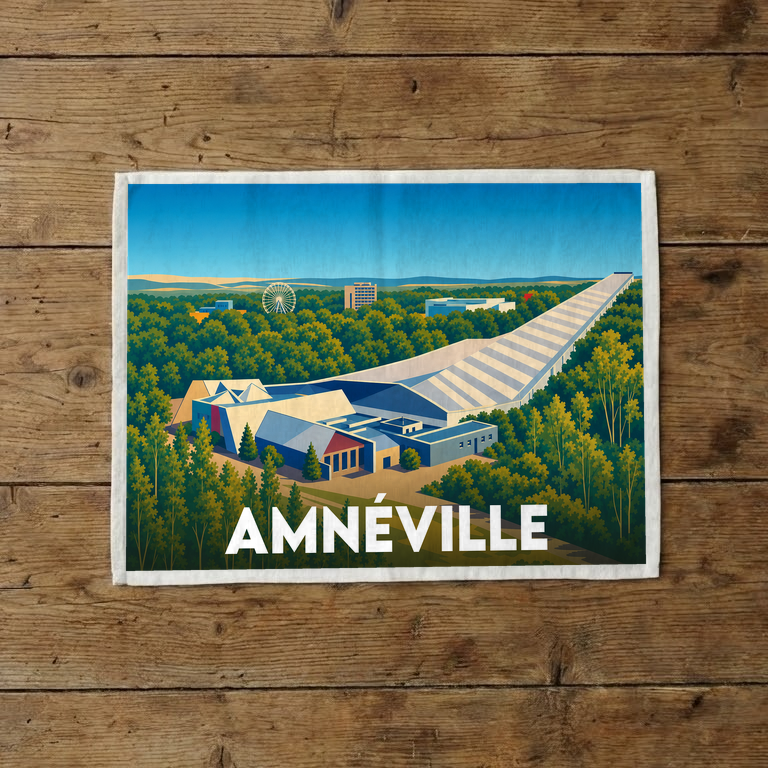 Torchon souvenir de la ville d'Amnéville avec une illustration stylisée de son complexe de loisirs.