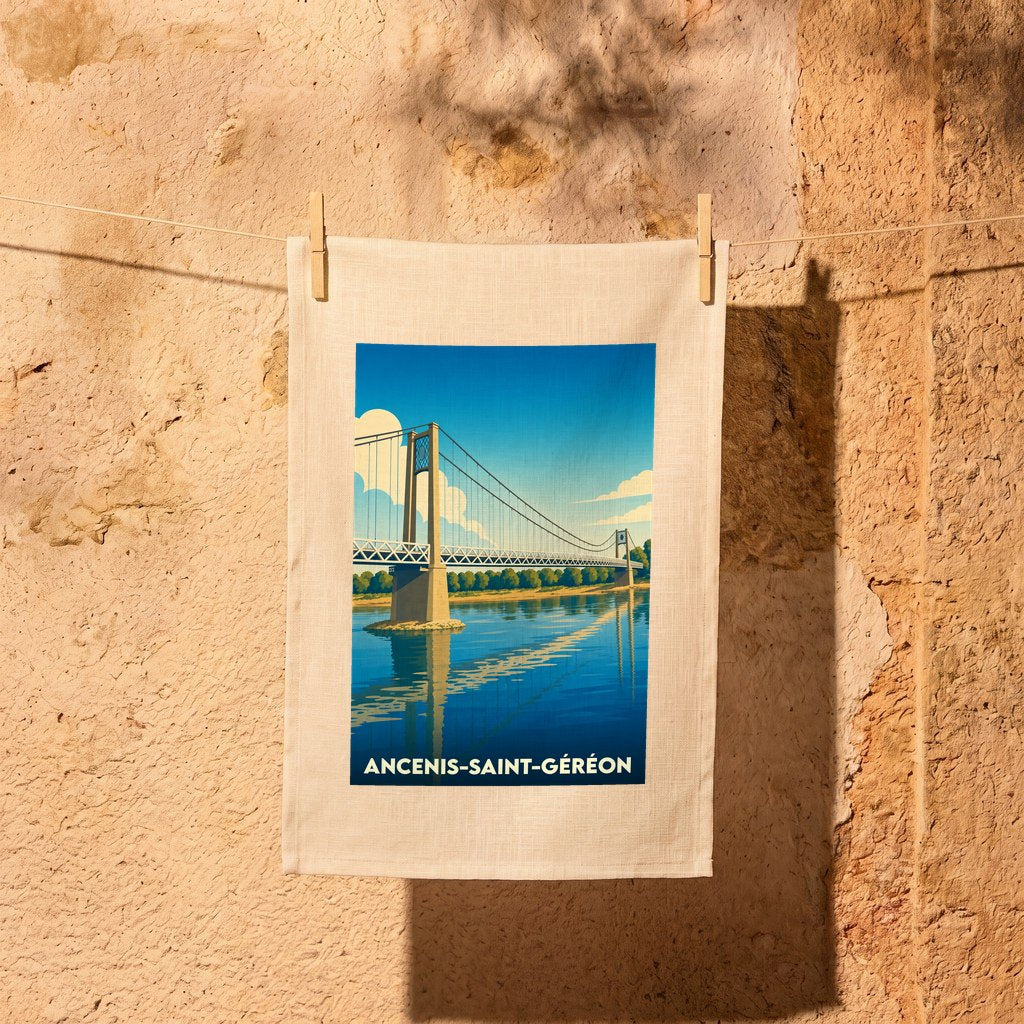 Torchon souvenir de la ville d'Ancenis-Saint-Géréon avec une illustration stylisée de son pont suspendu.