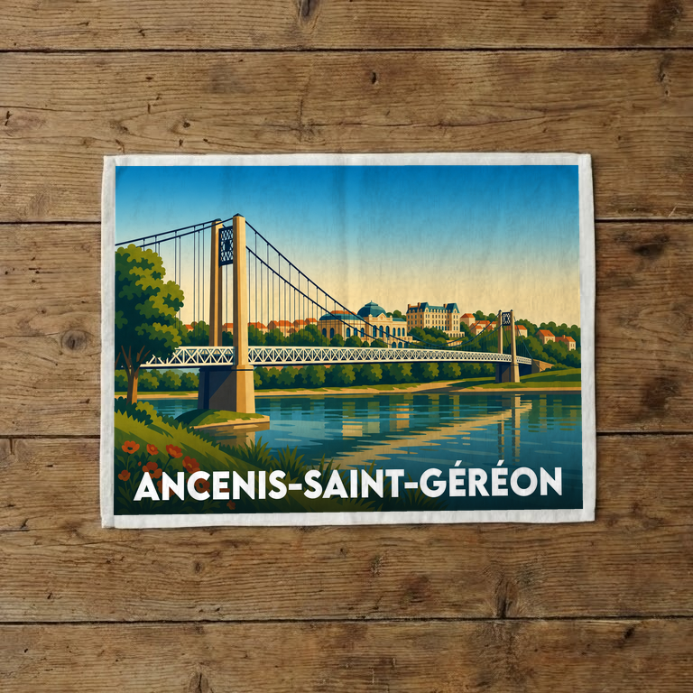 Torchon souvenir de la ville d'Ancenis-Saint-Géréon illustrant son célèbre pont suspendu sur la Loire.