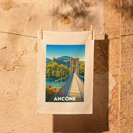 Torchon souvenir de la ville d'Ancône avec une illustration stylisée d'un pont suspendu.