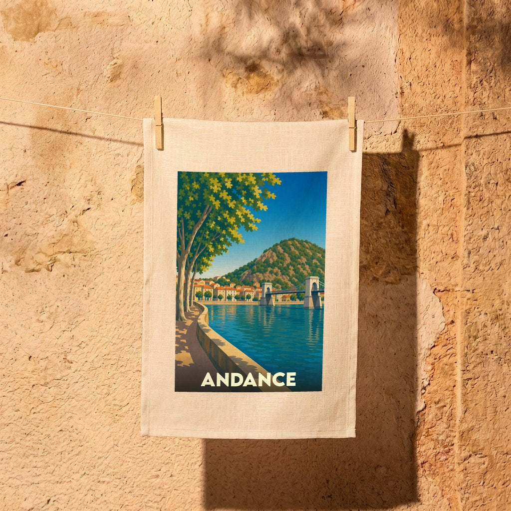 Torchon souvenir de la ville d'Andance avec une illustration stylisée d'un bord de fleuve et de son pont.