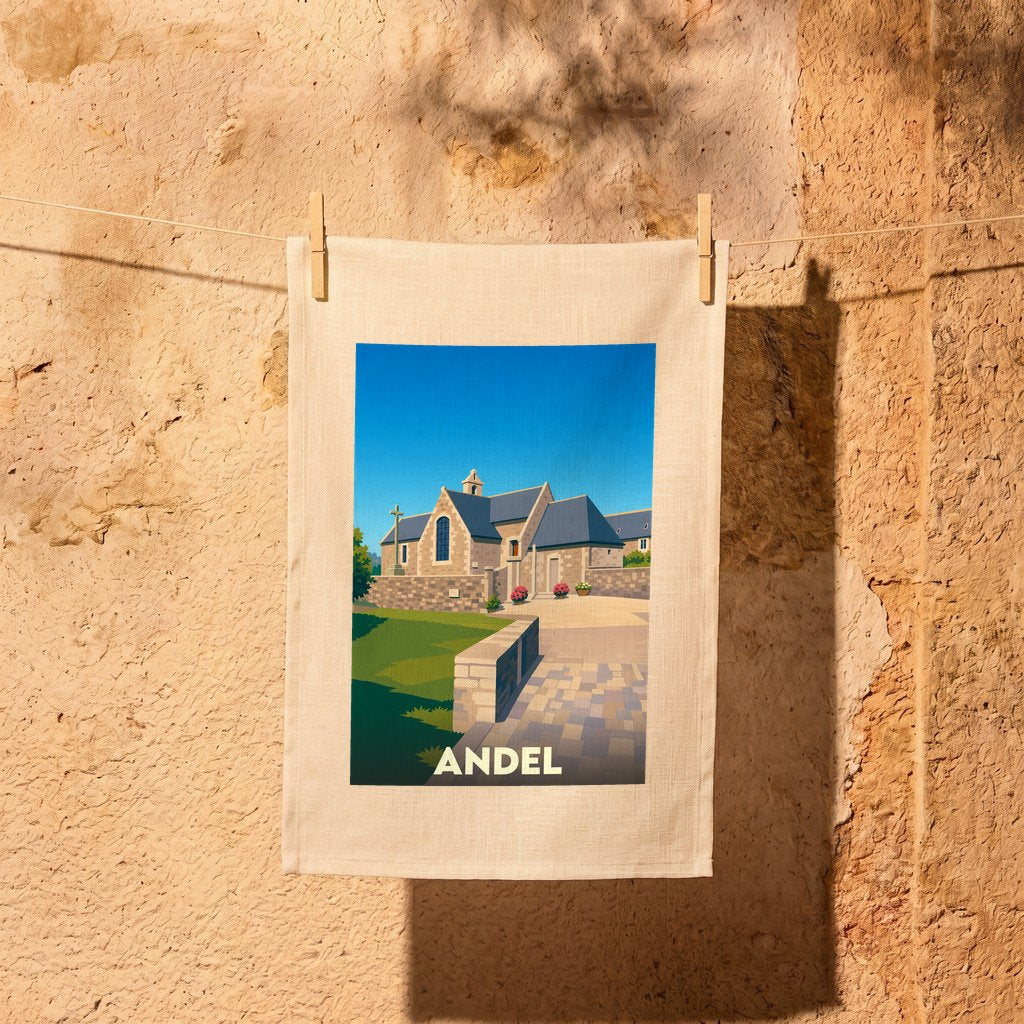 Torchon souvenir de la ville de Andel avec une illustration stylisée de son église.