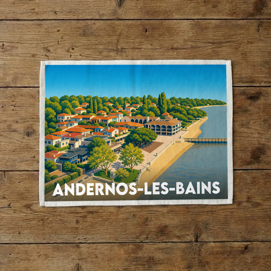 Torchon souvenir de la ville de Andernos-les-Bains avec une illustration stylisée de son front de mer.