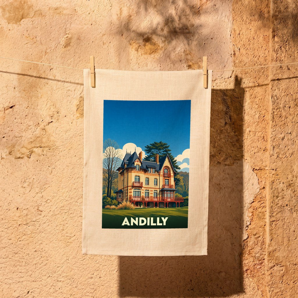 Torchon souvenir de la ville d'Andilly avec une illustration stylisée d'une grande demeure ancienne.