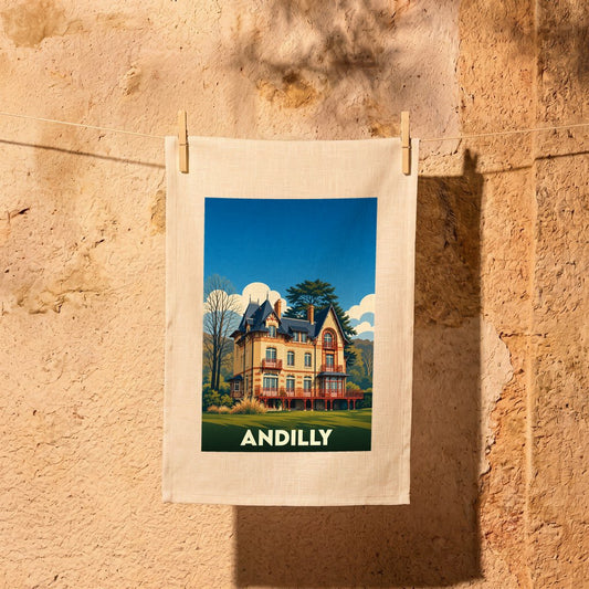 Torchon souvenir de la ville d'Andilly avec une illustration stylisée d'une grande demeure ancienne.