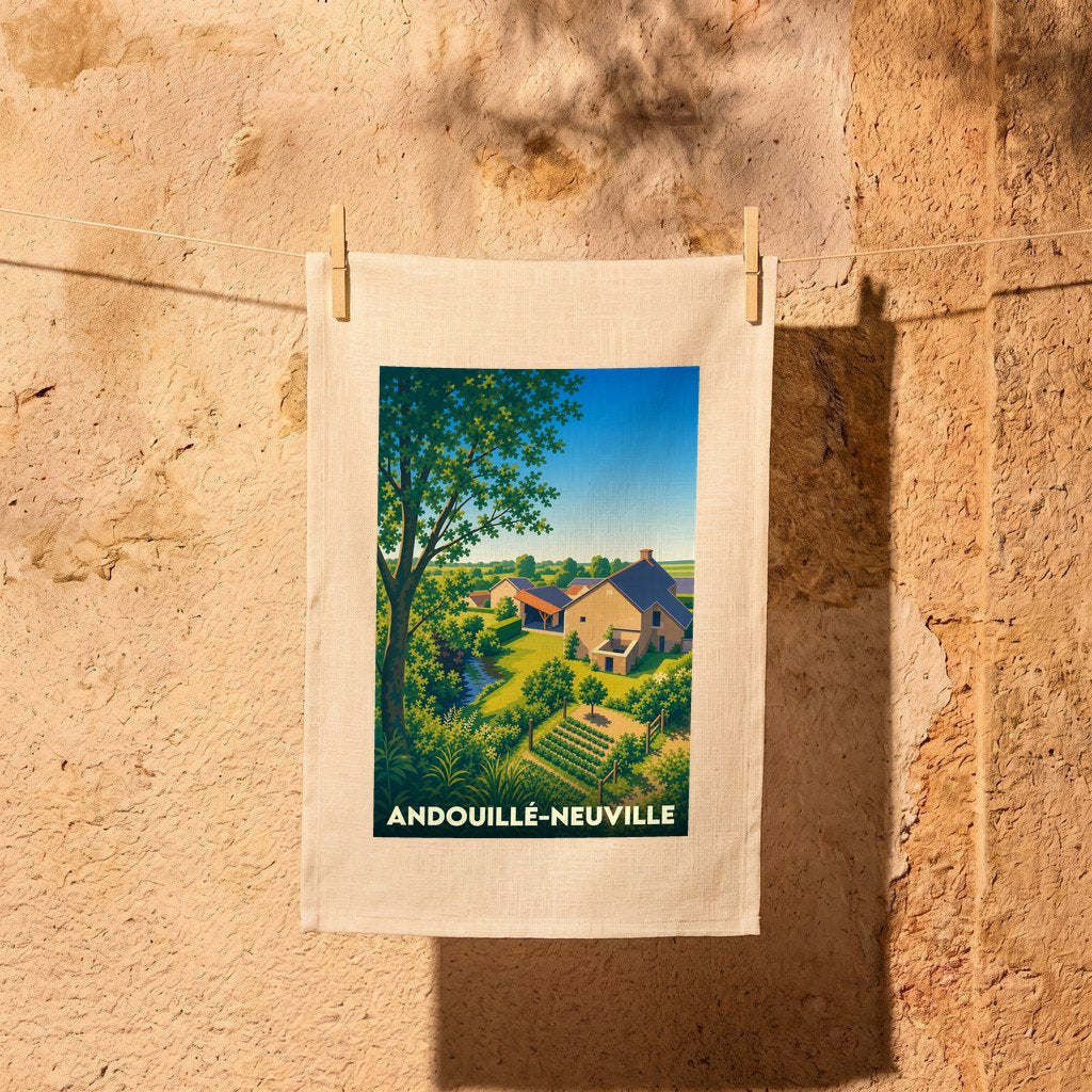 Torchon souvenir de la ville d'Andouillé-Neuville avec une illustration paysagère stylisée.