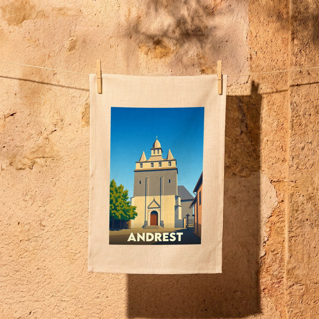 Torchon souvenir de la ville d'Andrest avec une illustration stylisée de son église fortifiée.