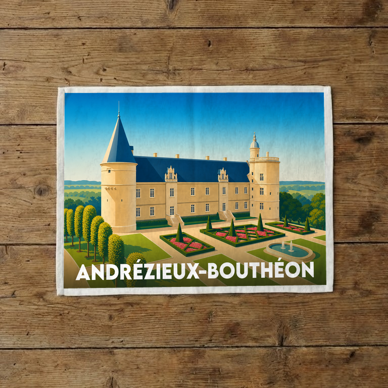 Torchon souvenir de la ville d'Andrézieux-Bouthéon illustré par une vue stylisée de son château et de ses jardins.