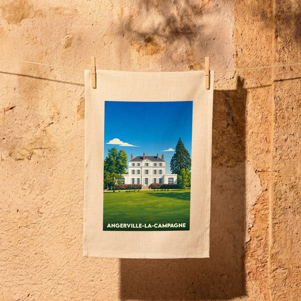 Torchon souvenir de la ville d'Angerville-la-Campagne avec une illustration stylisée d'un château.