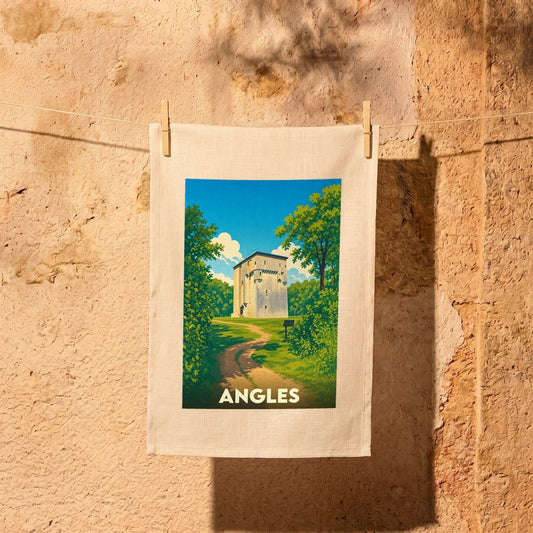 Torchon souvenir de la ville de Angles avec une illustration stylisée d'un monument historique.