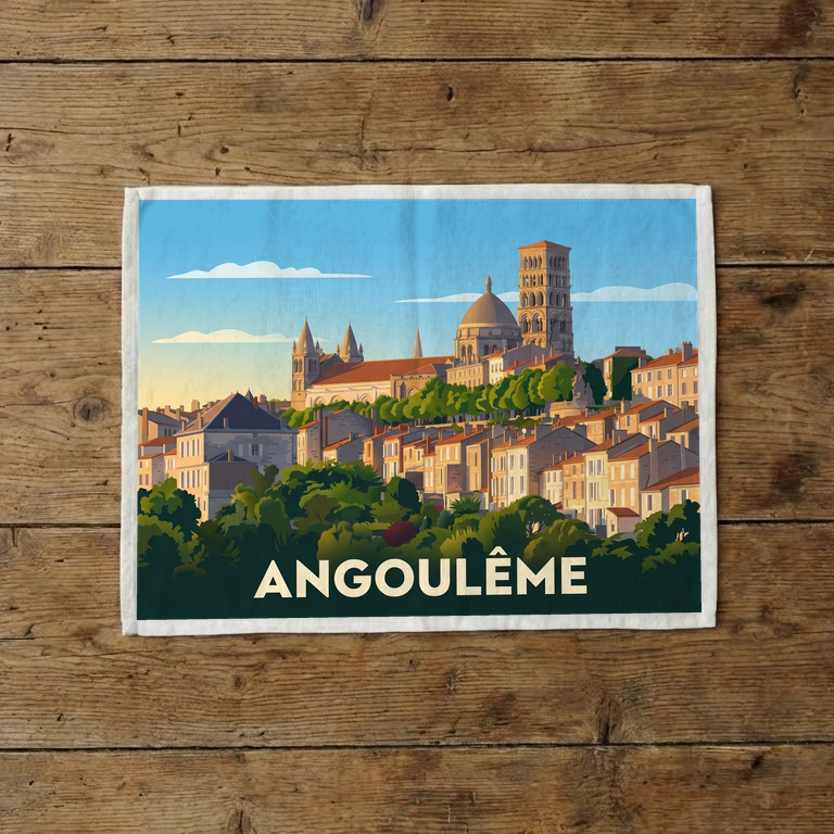 Torchon souvenir de la ville d'Angoulême avec une illustration stylisée.