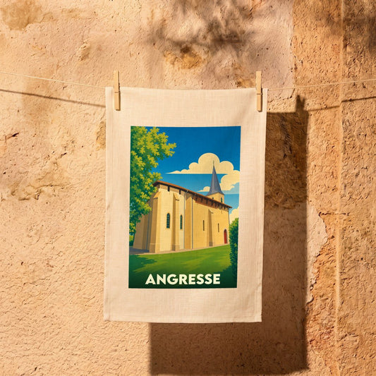 Torchon souvenir de la ville d'Angresse illustré d'un dessin stylisé de son église sous un ciel bleu.