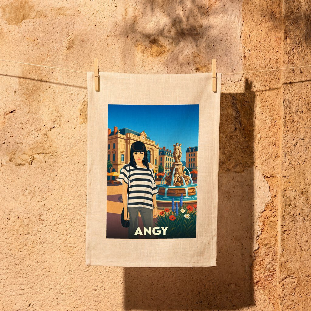Torchon souvenir de la ville de Angy avec une illustration stylisée d'une femme devant une fontaine.