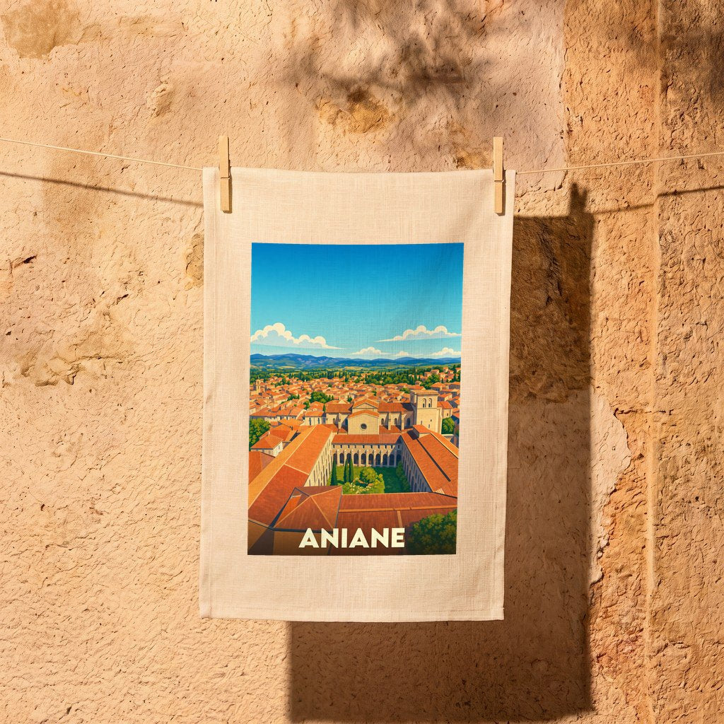 Torchon souvenir de la ville d'Aniane avec une illustration stylisée d'un panorama urbain.