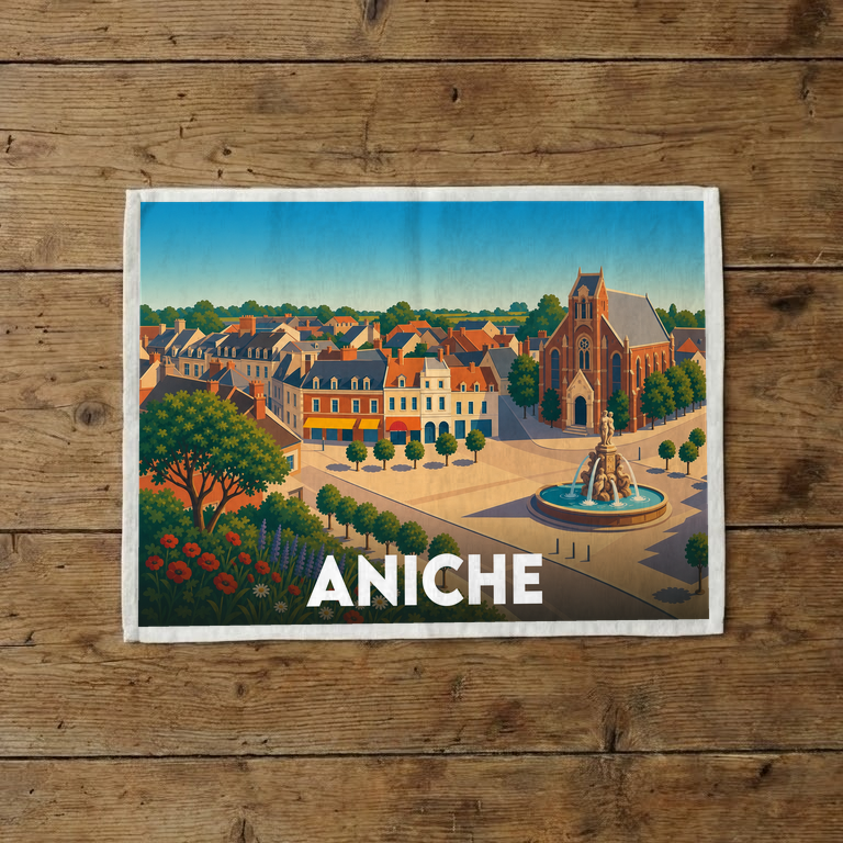 Torchon souvenir de la ville d'Aniche avec une illustration stylisée de sa place principale.