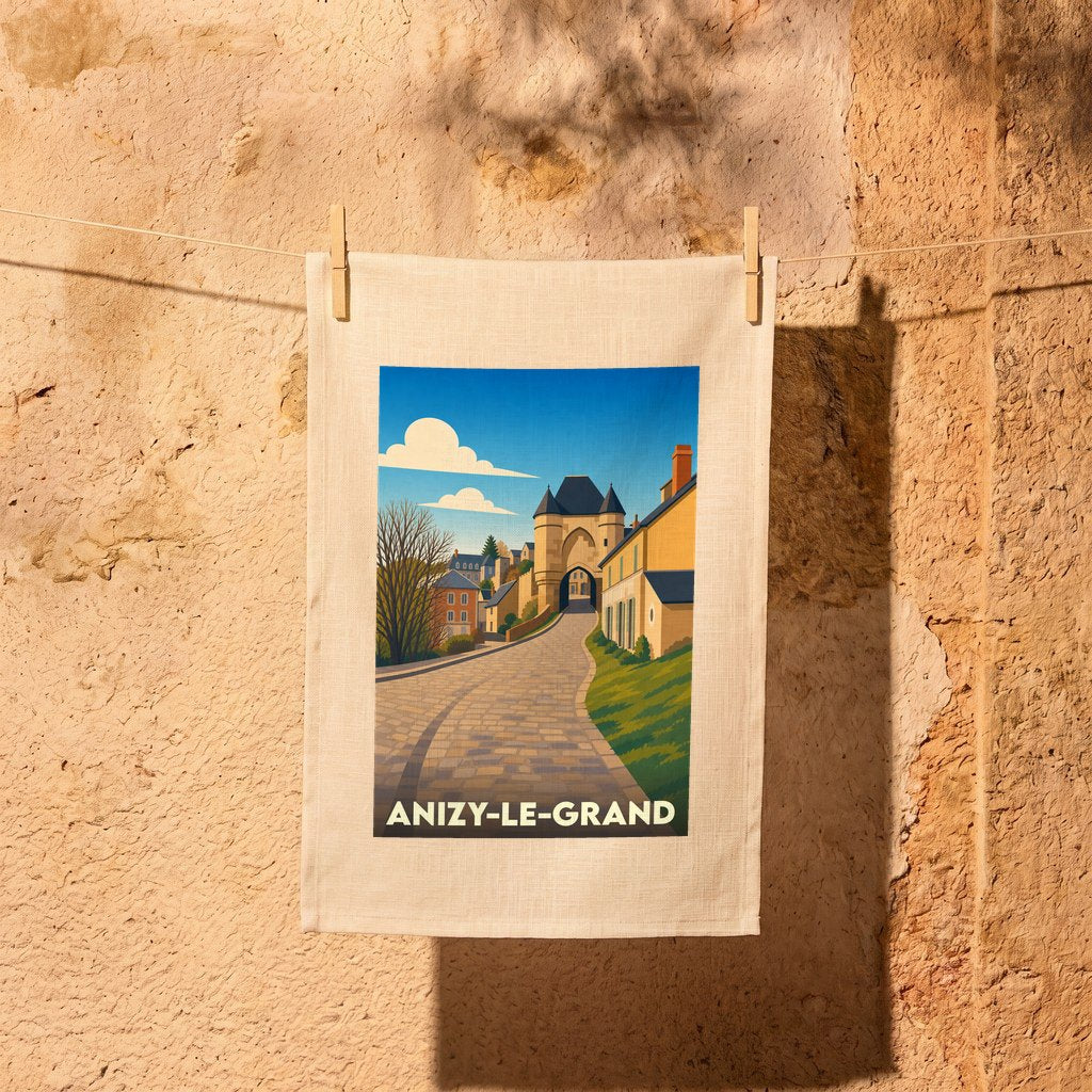 Torchon souvenir de la ville d'Anizy-le-Grand avec une illustration stylisée d'une rue pavée menant à une porte médiévale.