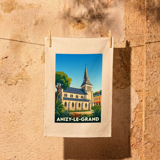 Torchon souvenir de la ville d'Anizy-le-Grand avec une illustration stylisée de son église.