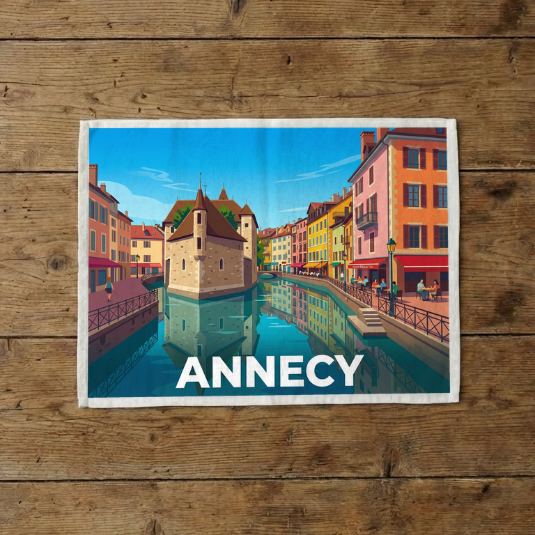 Torchon souvenir de la ville d'Annecy avec une illustration stylisée de ses célèbres canaux.