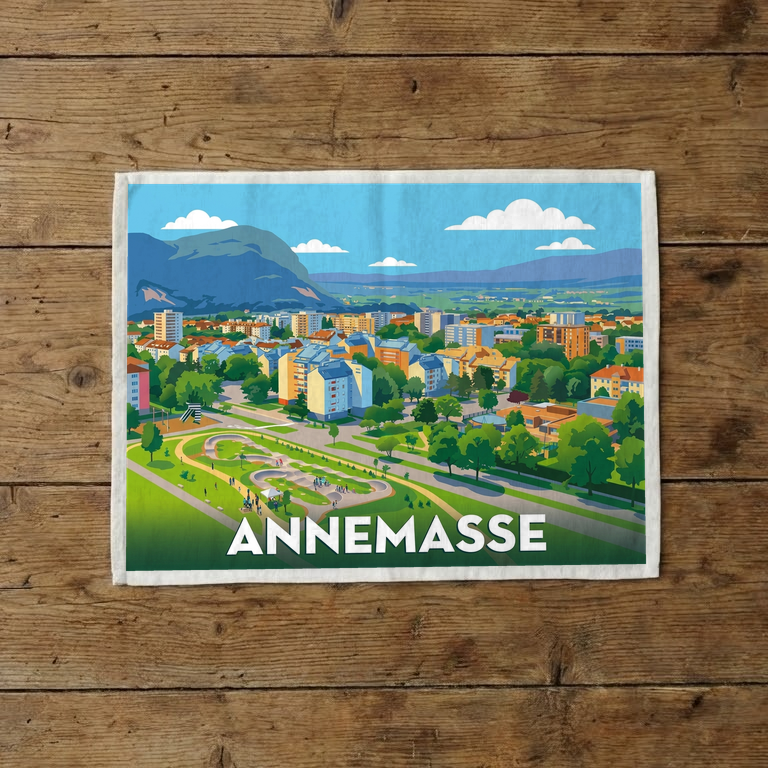Torchon souvenir de la ville d'Annemasse avec une illustration colorée et stylisée.