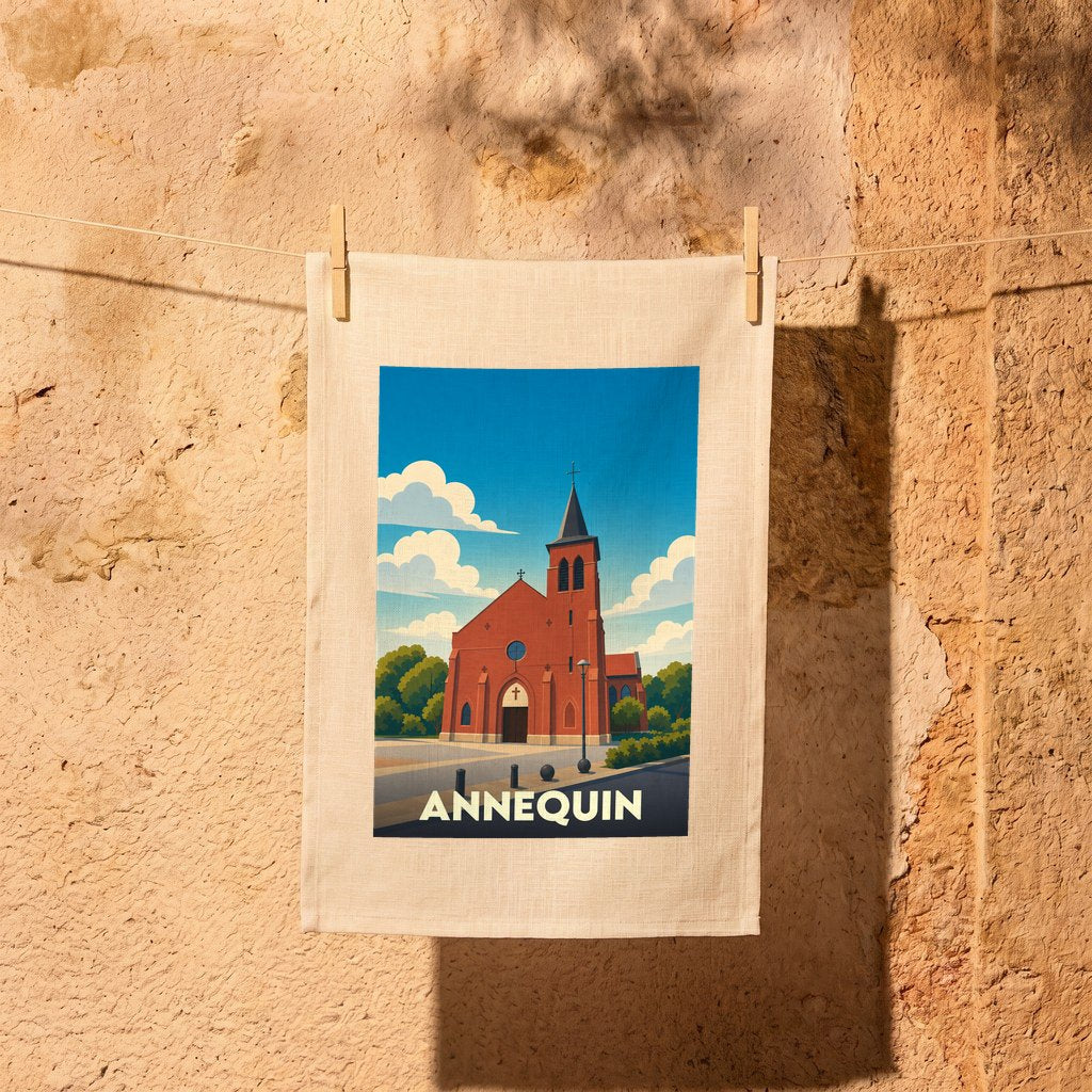 Torchon souvenir de la ville d'Annequin orné d'une illustration stylisée de son église en briques rouges.