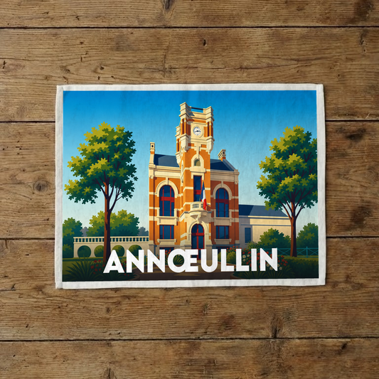 Torchon souvenir de la ville d'Annœullin illustré par son hôtel de ville de style flamand.