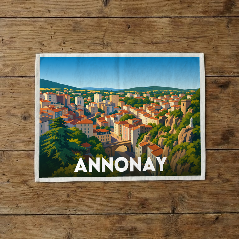 Torchon souvenir de la ville d'Annonay avec une illustration stylisée de son paysage urbain.