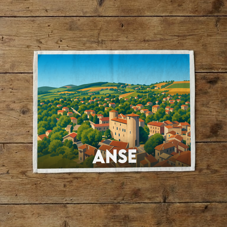 Torchon souvenir de la ville de Anse avec une illustration stylisée de ses paysages et de son château.