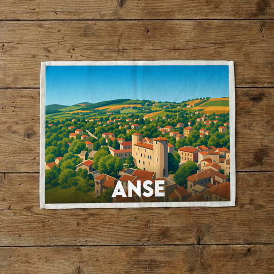 Torchon souvenir de la ville de Anse avec une illustration stylisée de ses paysages et de son château.