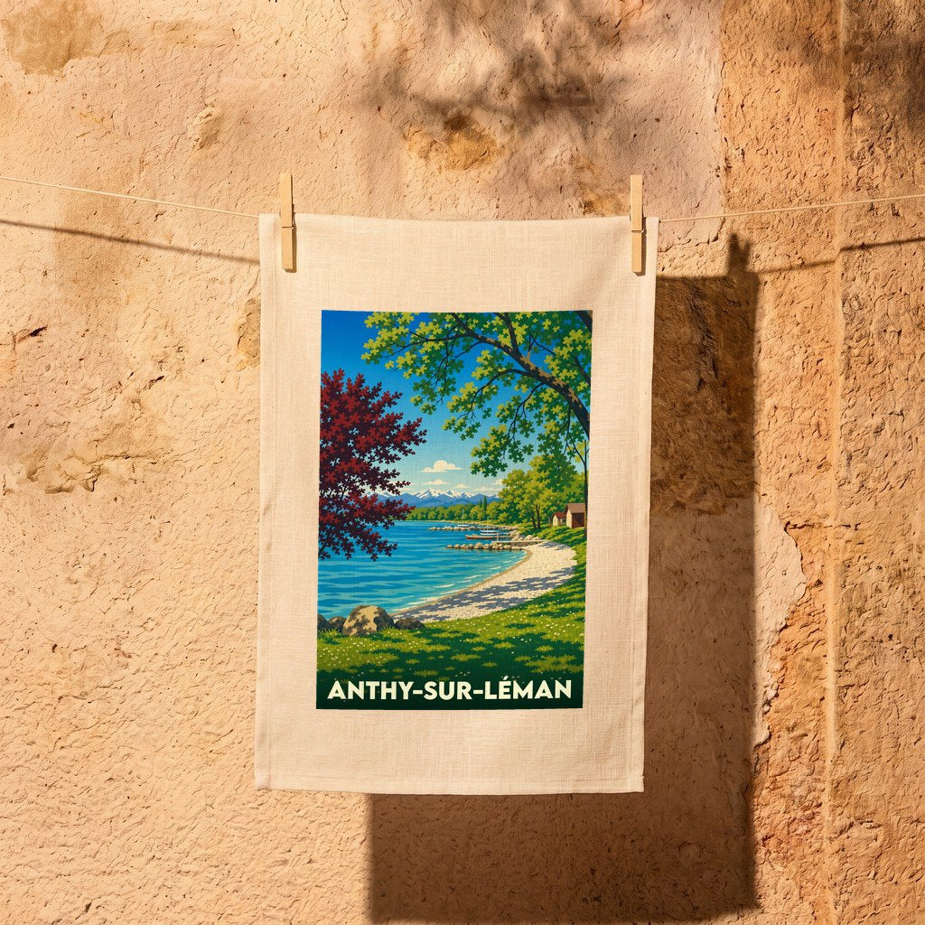 Torchon souvenir de la ville d'Anthy-sur-Léman avec une illustration stylisée des bords du lac.