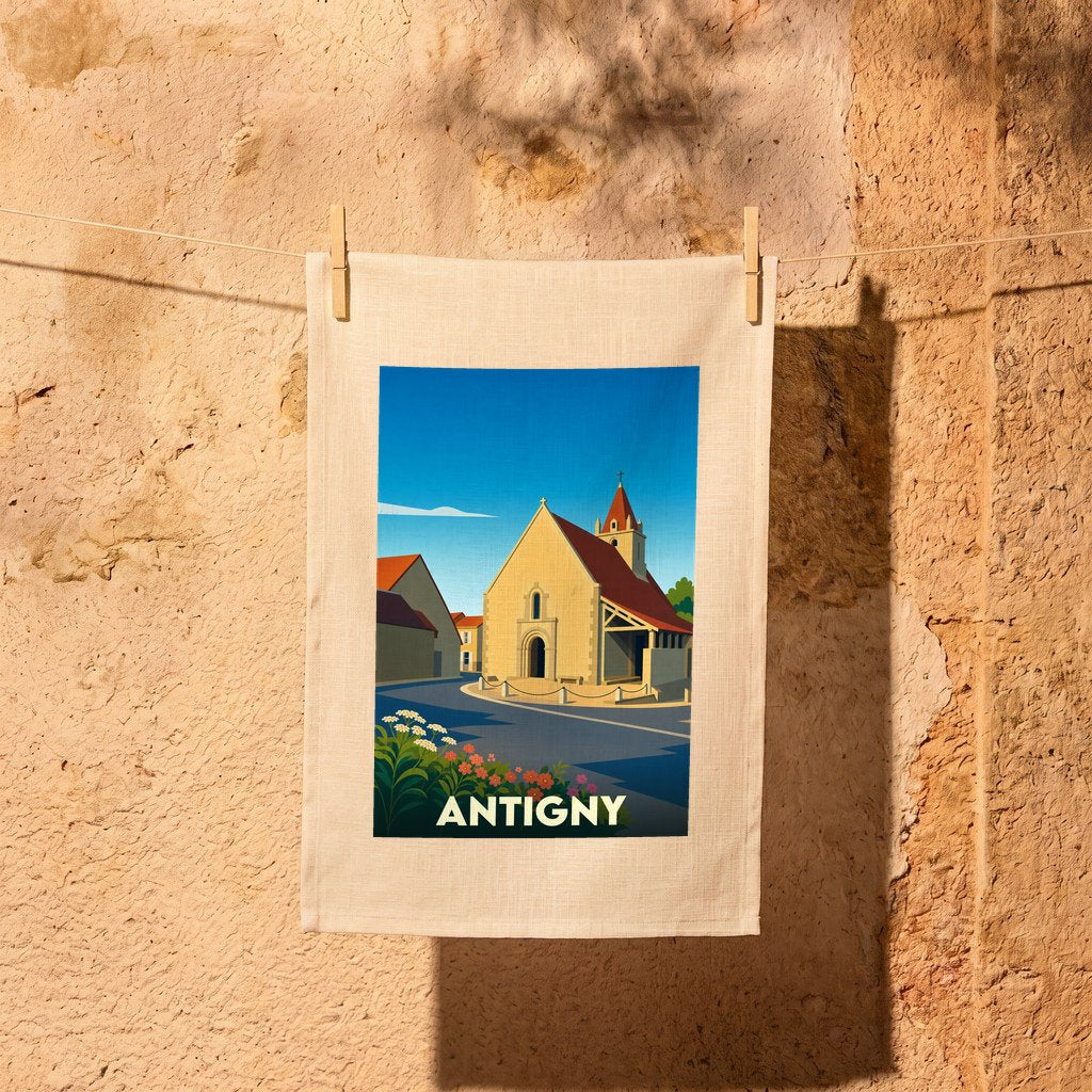 Torchon souvenir de la ville de Antigny avec une illustration stylisée.