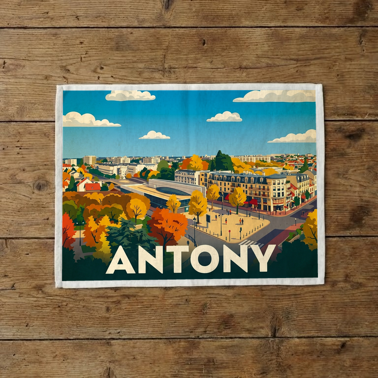 Torchon souvenir de la ville d'Antony avec une illustration stylisée aux couleurs automnales.