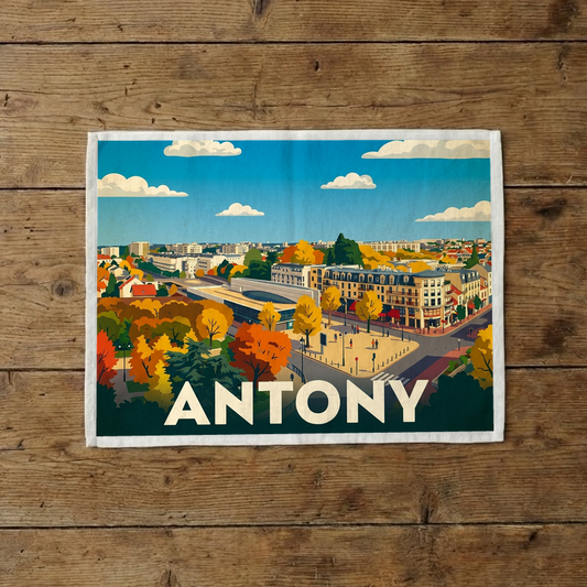 Torchon souvenir de la ville d'Antony avec une illustration stylisée aux couleurs automnales.