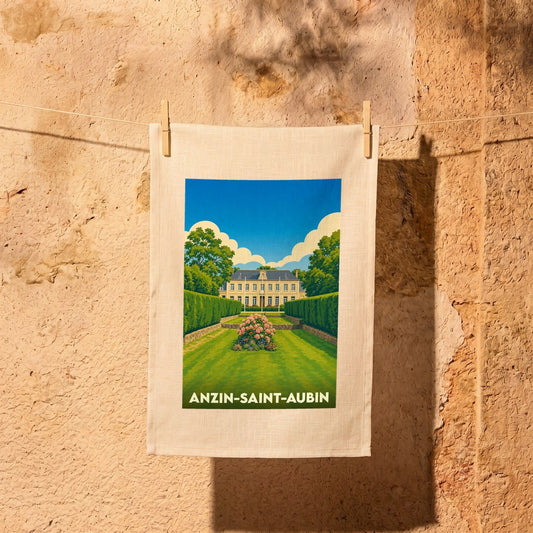 Torchon souvenir de la ville de Anzin-Saint-Aubin avec une illustration stylisée d'un domaine.