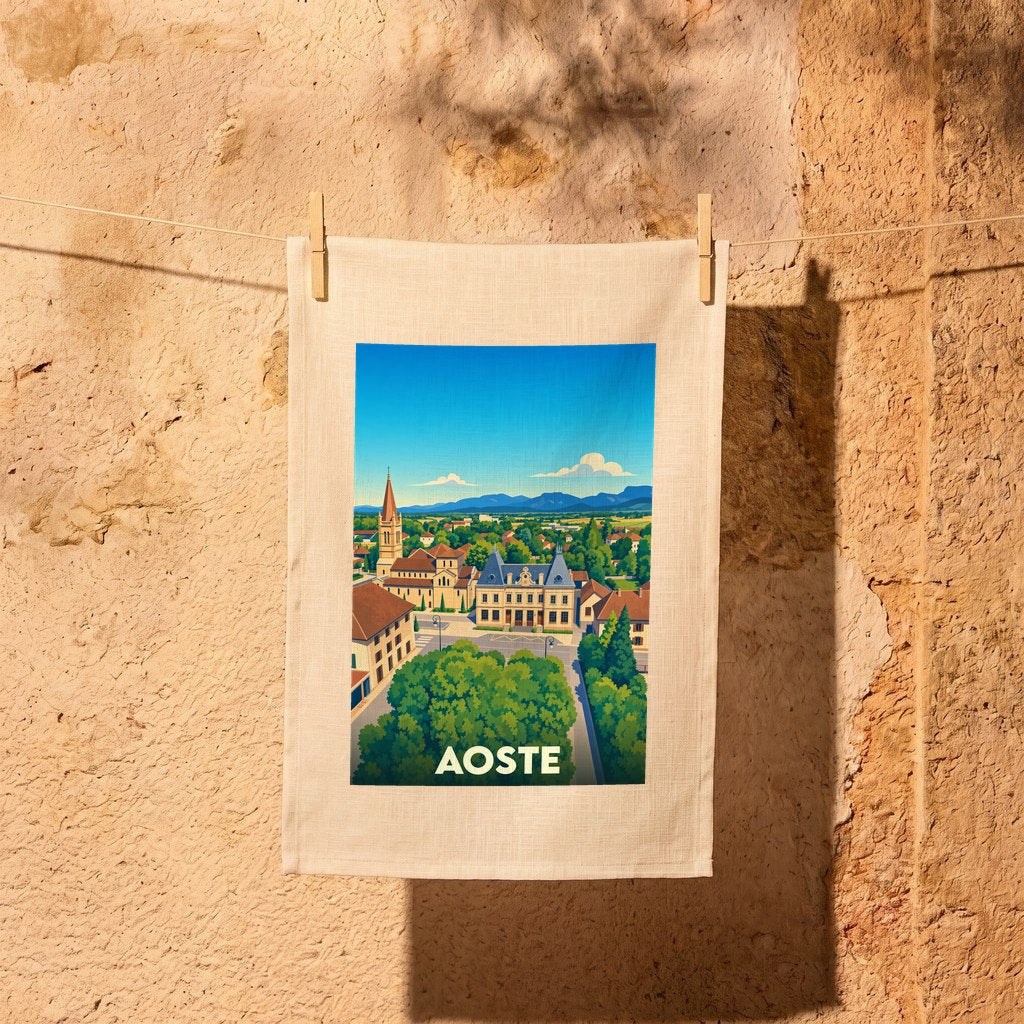 Torchon souvenir de la ville d'Aoste avec une illustration stylisée.