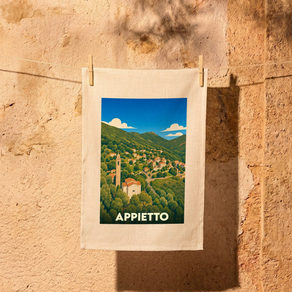 Torchon souvenir de la ville d'Appietto illustré d'un paysage montagneux stylisé.