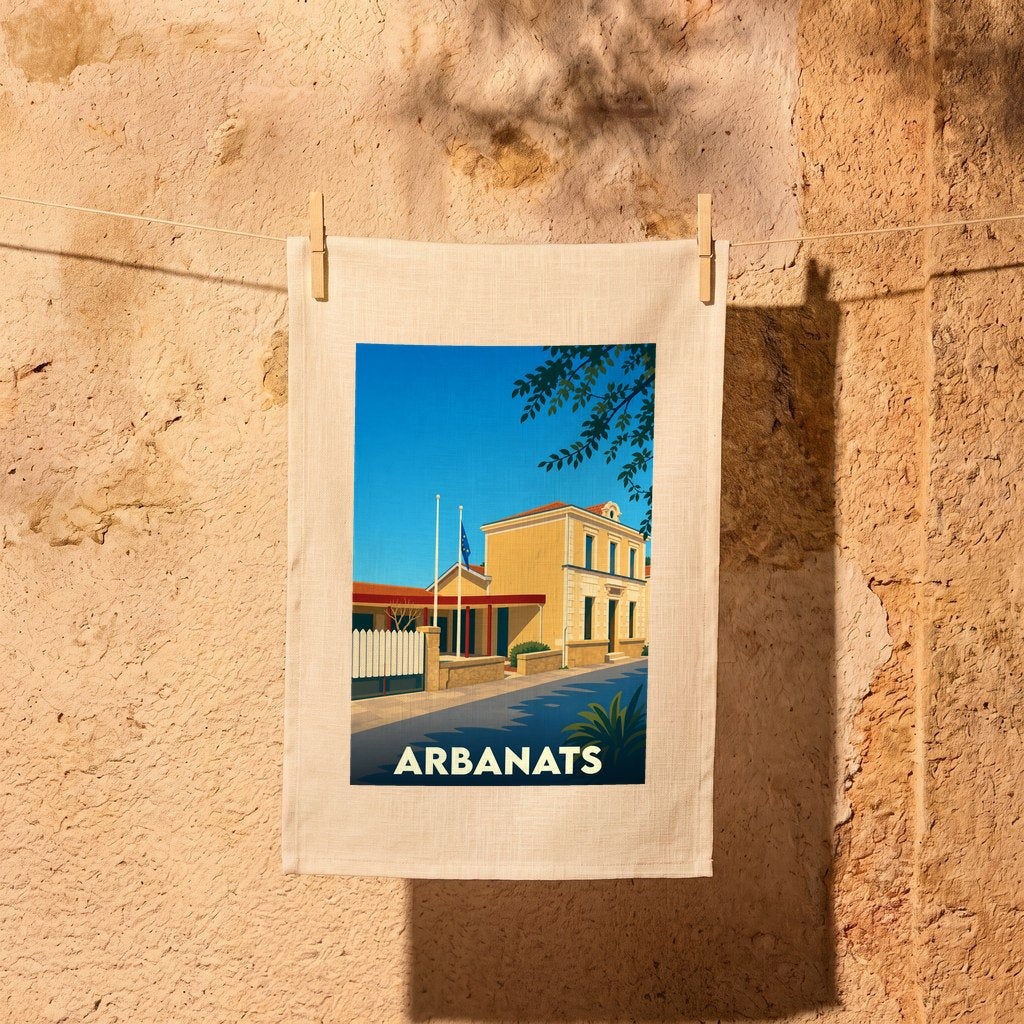 Torchon souvenir de la ville d'Arbanats avec une illustration stylisée d'un bâtiment sous un ciel bleu.