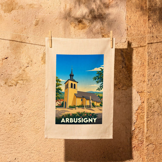 Torchon souvenir de la ville d'Arbusigny avec une illustration stylisée de son église.